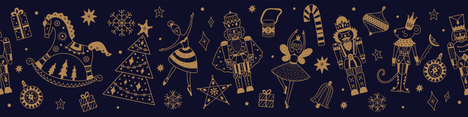 Nutcracker. Cute Christmas gorizontal border. Christmas gold motifs.