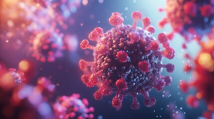 Virus floating cells transmission disease red and purple 3D  illustration. Science health pandemic concept. Generative Ai 
