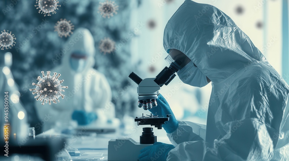 Poster In a laboratory setting, medical workers dressed in protective suits analyze viruses under a microscope as part of disease control efforts. Generative AI