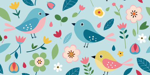 seamless pattern with birds and flowers