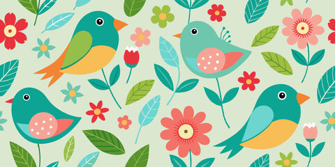 seamless pattern with birds and flowers