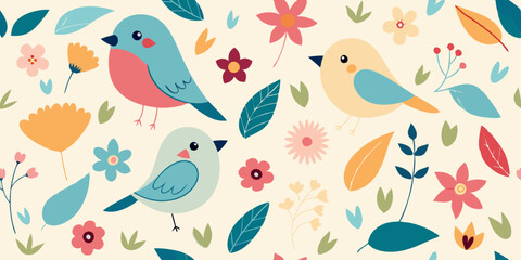 seamless pattern with birds and flowers
