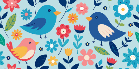 seamless pattern with birds and flowers