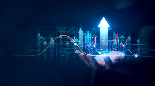 Businessman holding growth graph of business. Successful business, growth strategy and achieving goals with the rising arrow. Business strategy development and growing growth plan.