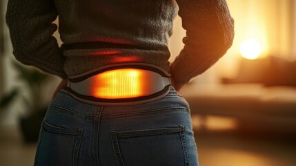 A woman uses a heat therapy device on her lower back, providing comfort and relief against a warm, glowing background.