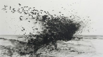 Obraz premium Abstract Ink Painting of Birds in Flight Over Water.