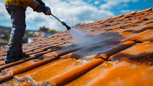 A person cleaning a tiled roof with a pressure washer on a sunny day.