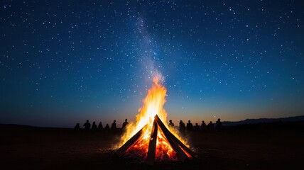 A glowing bonfire under a starlit sky, with silhouettes of people gathered around, community glowtime, warm and nostalgic