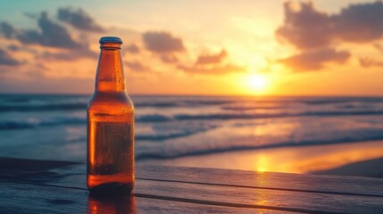 Chilled beer bottle on a wooden table with a stunning beach sunset in the background, perfect for relaxation and leisure.