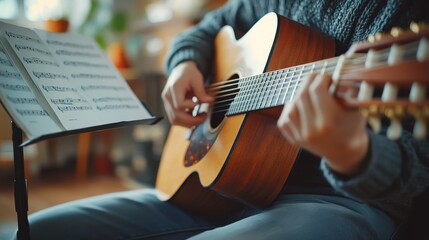 Obraz premium Close-up of hands playing an acoustic guitar with sheet music, capturing the essence of music and creativity in a cozy atmosphere.