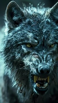 A detailed close-up of a wolf-like creature snarling, revealing sharp fangs and fierce yellow eyes.