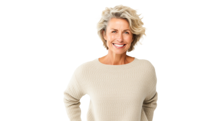 Middle aged woman smiling isolated on transparent background PNG.
