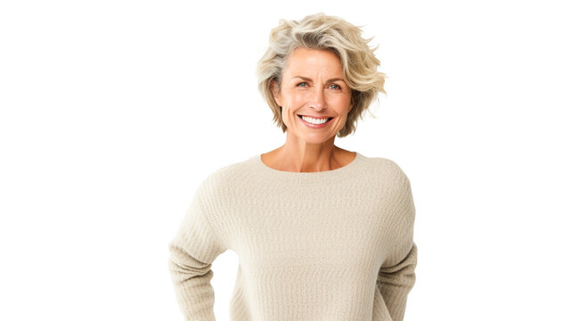 Middle aged woman smiling isolated on transparent background PNG.
