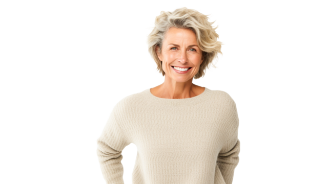 Middle aged woman smiling isolated on transparent background PNG.

