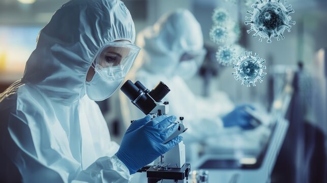 Medical professionals in protective suits analyze viruses at a laboratory, focusing on disease control and prevention measures during an ongoing health crisis. Generative AI