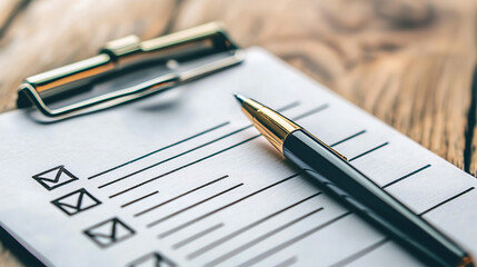 Close-up of a pen resting on a checklist attached to a wooden clipboard, representing organization, task management, and planning.