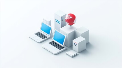 3D Illustration of a Network with Computers, Laptops, and Globe