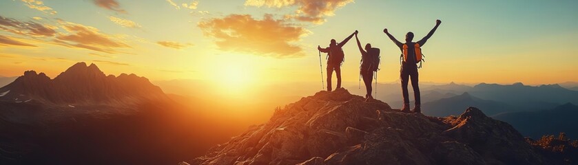 A group of hikers reaching the summit of a mountain at sunrise, celebrating with arms raised, dynamic shot, warm tones, natural light, panoramic view