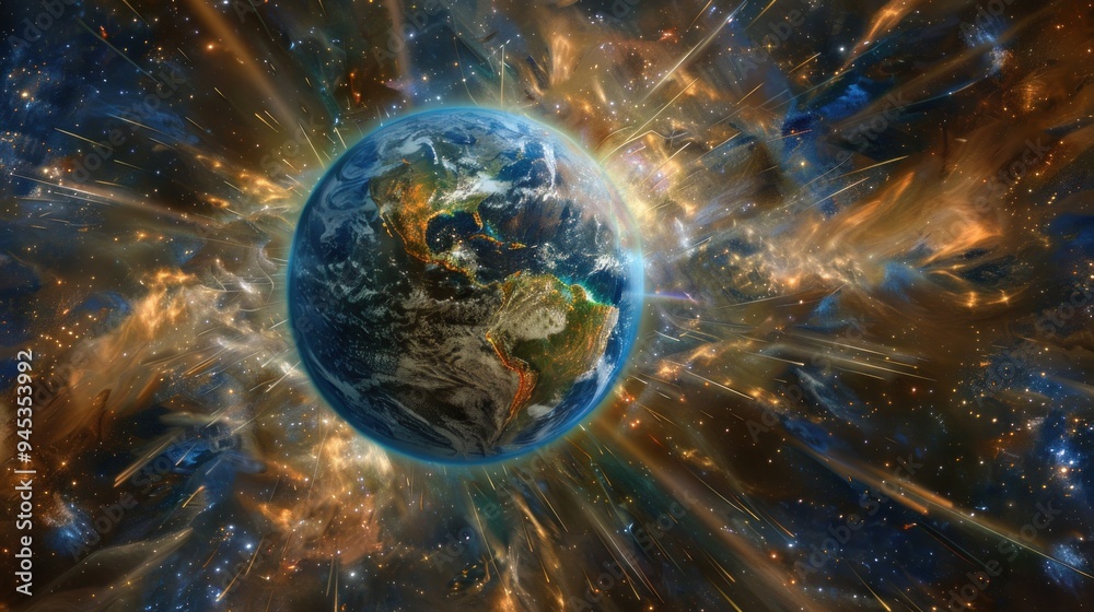 Wall mural Earth surrounded by space dust and light streaks.