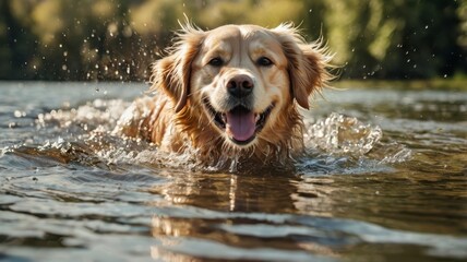  Happy golden retriever dog is running through the water in nature on a sunny day