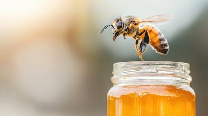 Bee flying towards a honey jar
