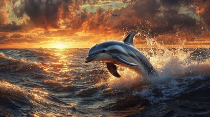 Fototapeta premium A dolphin leaps from the ocean at sunset, creating a dynamic and serene atmosphere.