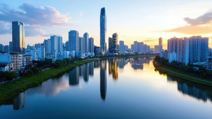 City skyline at dusk with glowing skyscrapers reflecting on a calm river, urban glowtime, serene and modern