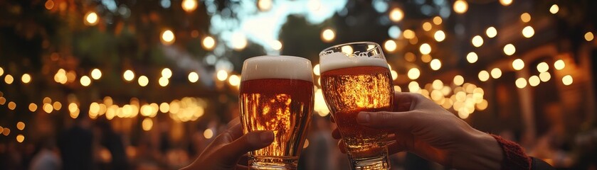 Two beer glasses clink together against a festive backdrop of warm lights, celebrating friendship and good times.