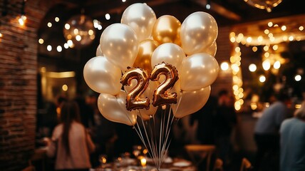 An elegant 22th birthday celebration featuring a bunch of sparkling balloons with bokeh lights in the background, creating a festive and luxurious atmosphere.