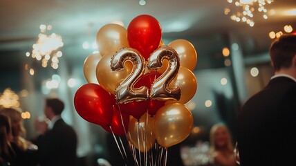 An elegant 22th birthday celebration featuring a bunch of sparkling balloons with bokeh lights in the background, creating a festive and luxurious atmosphere.