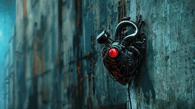Robot heart in cyberpunk style, futuristic illustration. Love, feelings, romantic St. Valentine's Day concept.