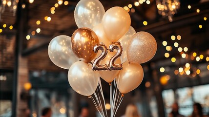 An elegant 22th birthday celebration featuring a bunch of sparkling balloons with bokeh lights in the background, creating a festive and luxurious atmosphere.
