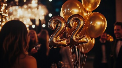 An elegant 22th birthday celebration featuring a bunch of sparkling balloons with bokeh lights in the background, creating a festive and luxurious atmosphere.