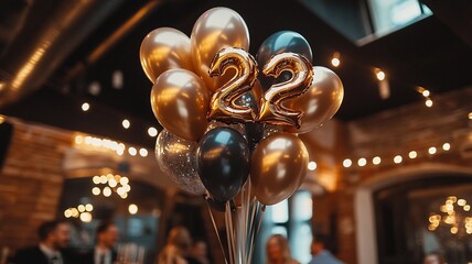 An elegant 22th birthday celebration featuring a bunch of sparkling balloons with bokeh lights in the background, creating a festive and luxurious atmosphere.