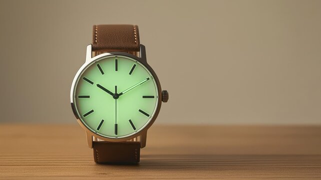 Elegant wristwatch with a glowing dial, captured in low light, luxury branding, high-end fashion accessory, soft ambient glow, timeless design