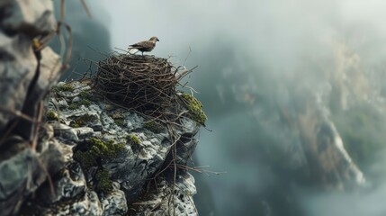 A bird perched on a nest atop a rocky cliff surrounded by misty mountains.