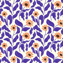 seamless pattern with sunflowers, botanical background with blue leaves