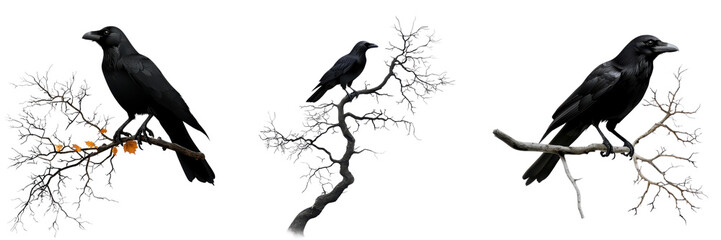Obraz premium Three Black Ravens Perched on Bare Branches