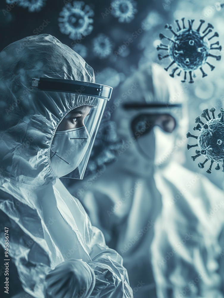 Leinwandbilder medical workers in protective suits observe viruses through a microscope, emphasizing the ongoing ef