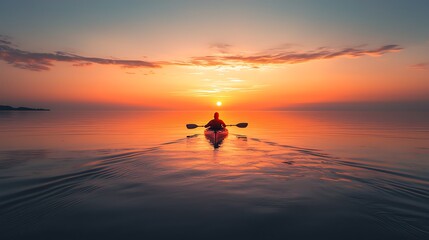 A calm lake mirrors the golden sky as a kayaker moves gently through the sunset.