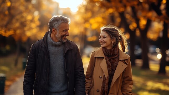 A joyful walk between an older man and a younger woman amidst autumn leaves, showcasing warmth and connection in a serene setting.