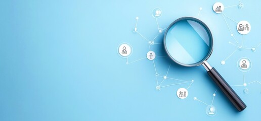 Magnifying Glass with Icons of People on Blue Background Representing Search for Customer or Employee Target Audience