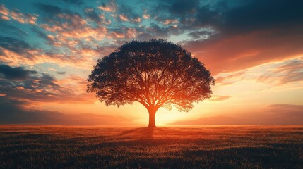 A majestic tree silhouetted against a vibrant sunset, showcasing nature's beauty in a peaceful landscape.