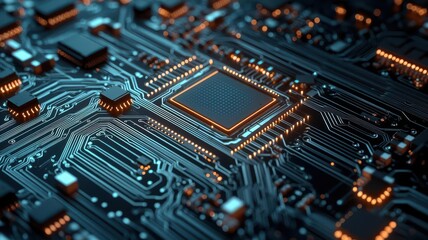 Fototapeta premium Glowing circuit board patterns in a dark background, tech glowtime, modern and sleek design