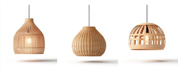Boho style lampshade made of woven rattan with a natural finish, isolated on a white background, presented in watercolor style.
