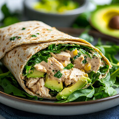 tuna wrap made from wholegrain wrap with mixed green salad leaves avocado and tuna mixed with a greek yoghurt dressing and the wrap is on a plate on a table set for lunch with ingredients background