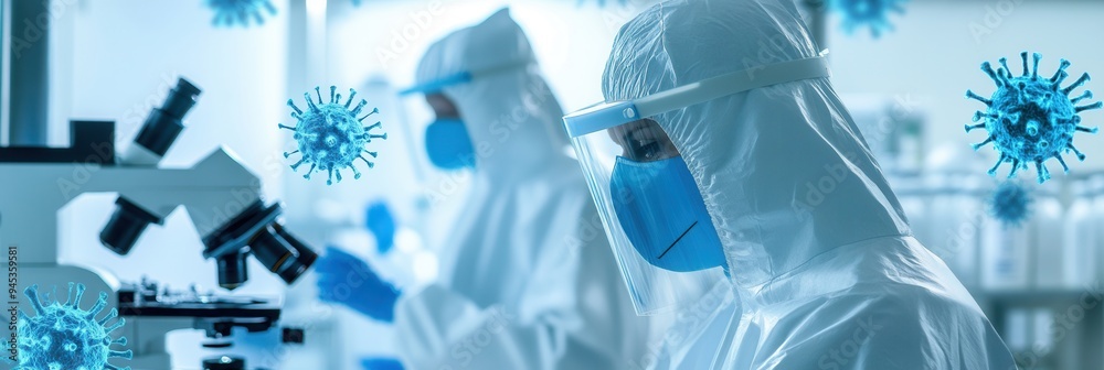 Leinwandbilder medical personnel in protective suits analyze viruses using a microscope, focusing on disease contro
