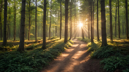 Obraz premium Radiant golden hour sunbeams illuminating a quiet forest path, nature's glowtime, peaceful and inspiring landscape.