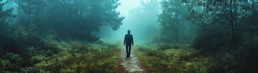 Fototapeta premium A solitary figure walks through a misty forest, surrounded by lush greenery and serene tranquility.