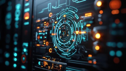 Glowing holographic display in a dark room, advanced technology concept, digital interface, modern innovation, sci-fi aesthetics